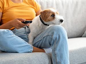 Woman watching tv with her dog at home.