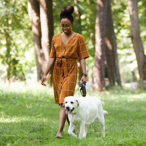 Full length portrait of young African-American woman walking dog in park outdoors in Summer.
