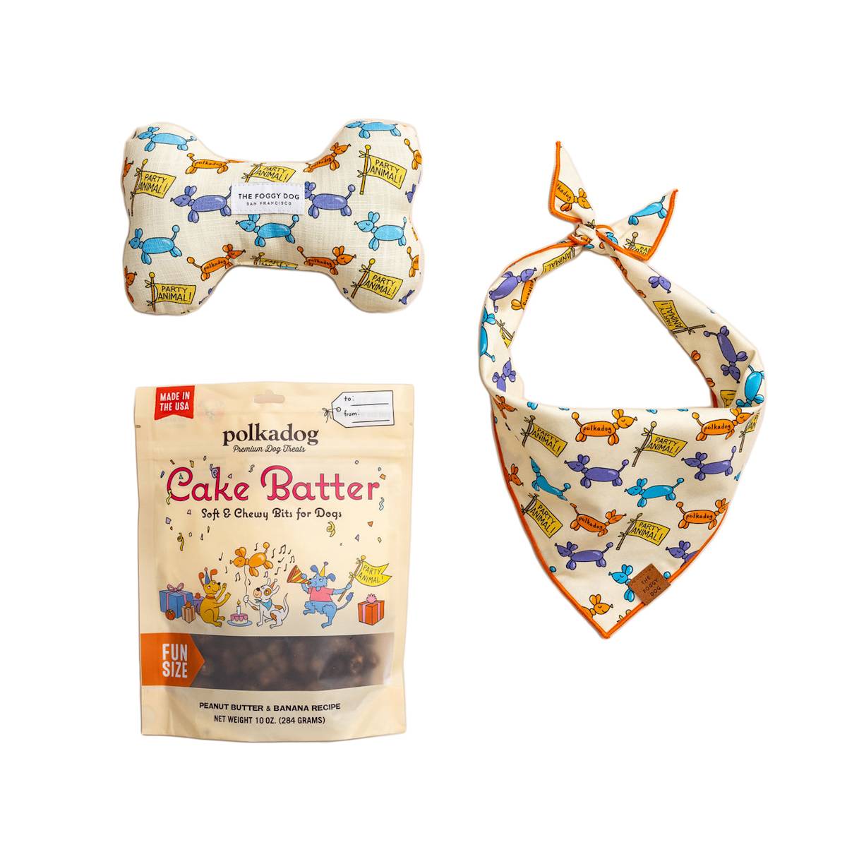 dog bandana, cake batter, and toy