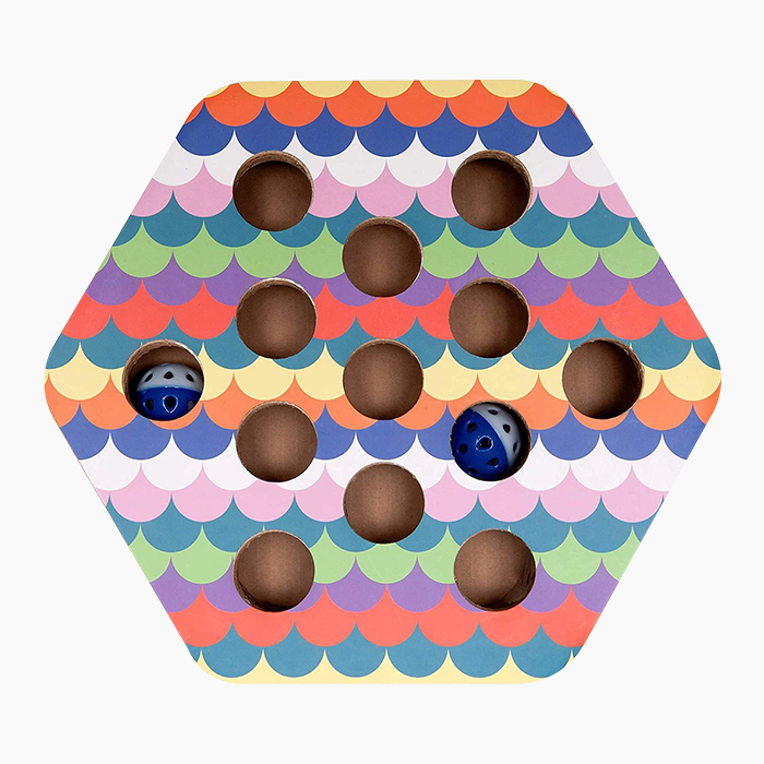 the colorful FurHaven Busy Box Corrugated Hexagon Cat Scratcher Toy