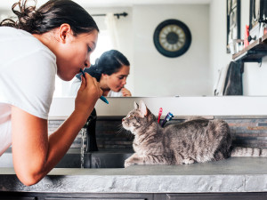 A young girl brushing her teeth while her cat watches.
