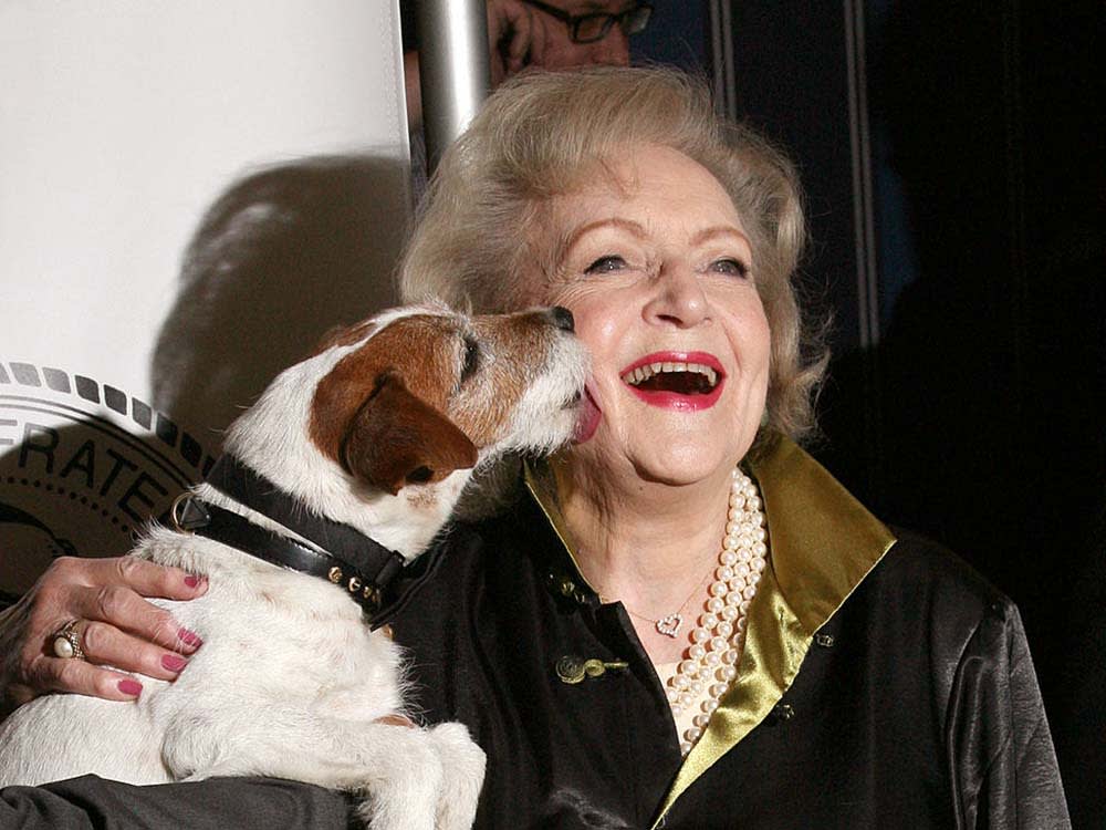 Actress Betty White smiling while being affectionately licked on the cheek by a dog