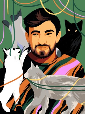 illustration of moises zamora and cats