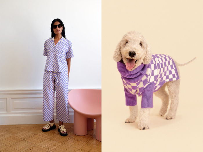 a woman in a purple and white checkered outfit, a small white dog in a purple and white checkered sweater