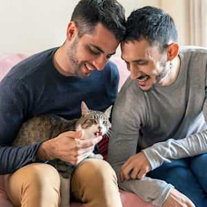 two men with black hair stroke their cat who is sticking his tongue out