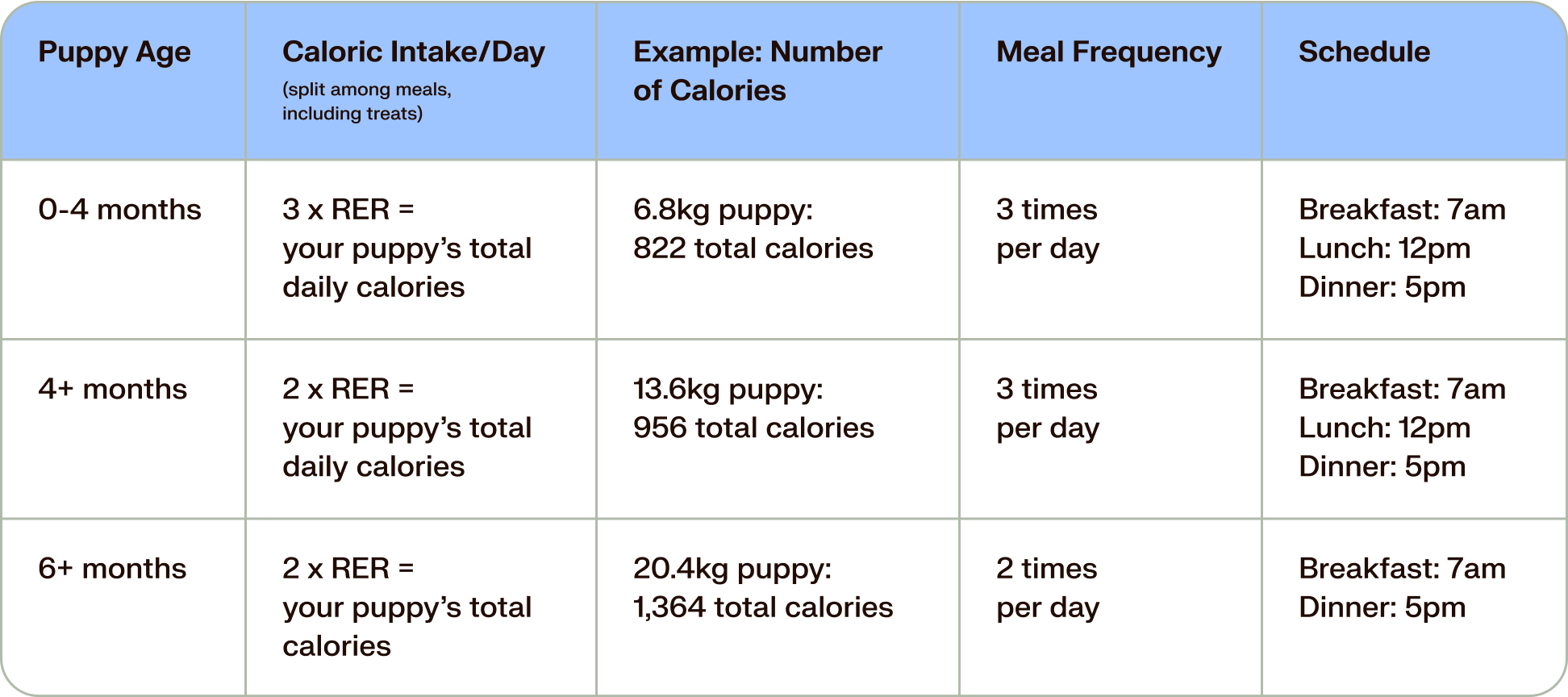 chart showing how much a puppy should eat