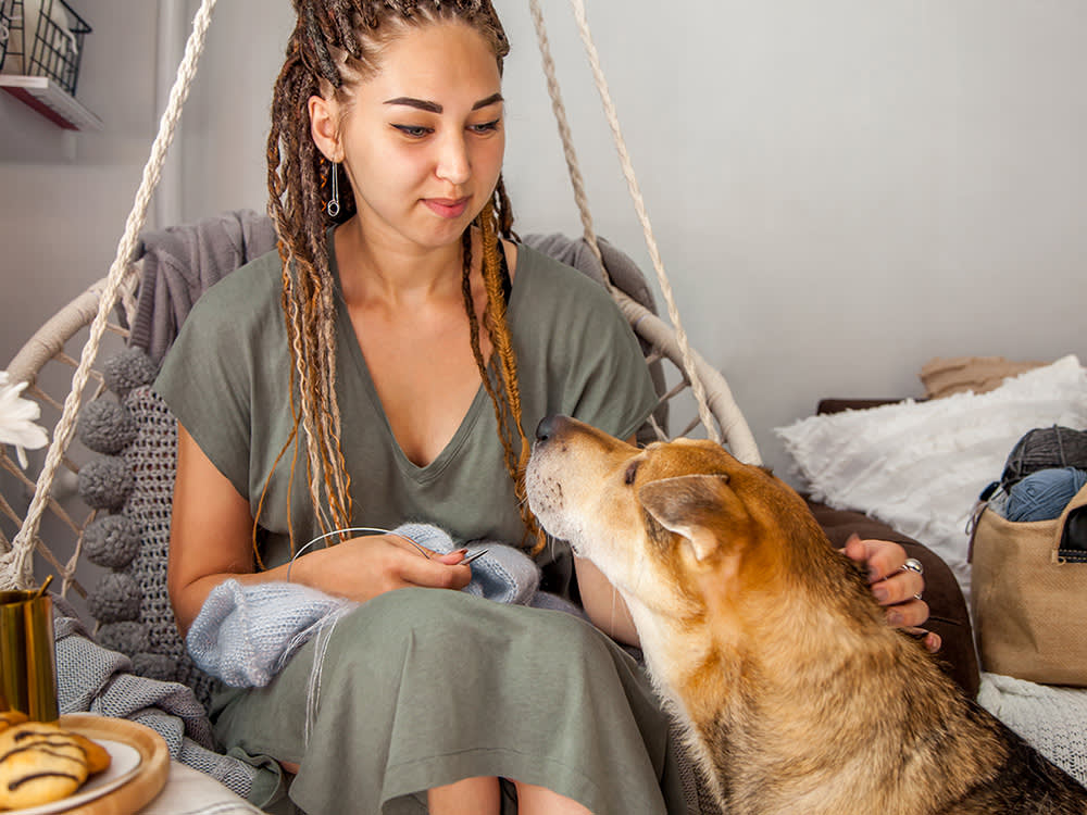 A woman knitting in a chair and smiling at a curious dog. 