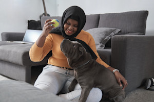 a picture of a young black woman wearing a headscarf playing with a grey dog