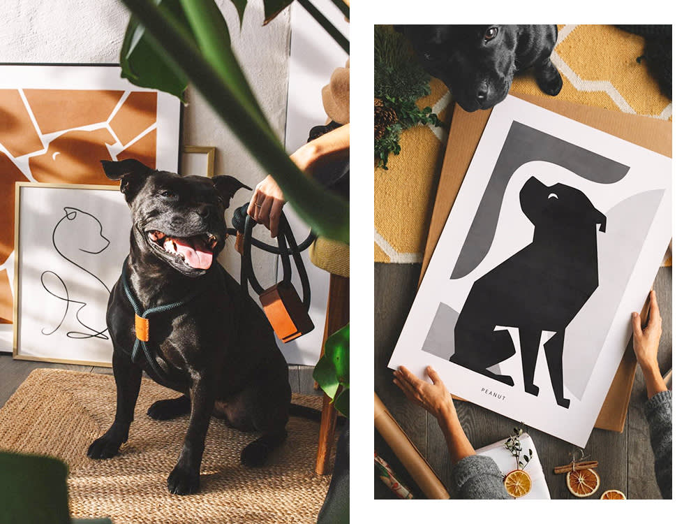 a black dog; an Animalist illustration of a black dog