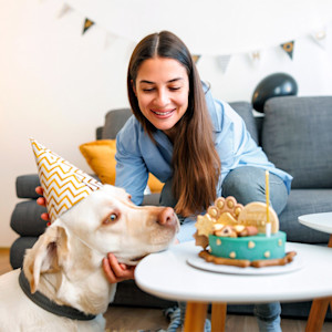 Woman celebrating her yellow lab's birthday.