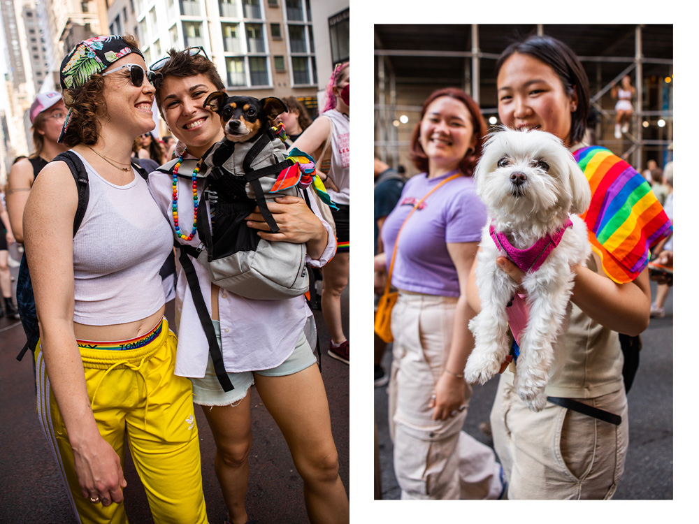 Two marchers pose with a small black-and-brown dog in a backpack; a marcher holds a small white dog during the march 