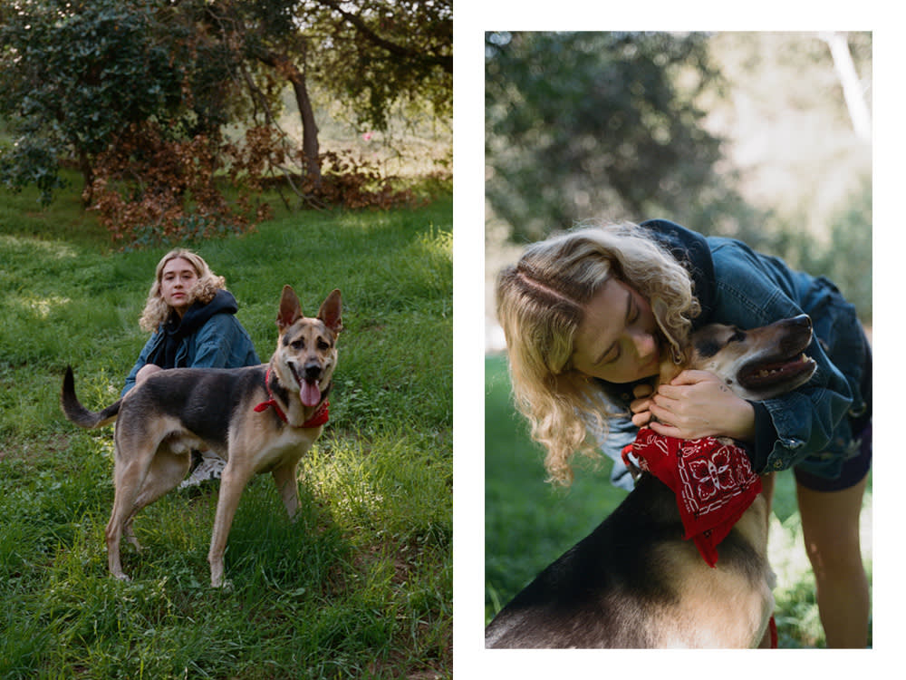 Blondshell poses with her dog, Chinchilla; Blondshell kisses Chinchilla