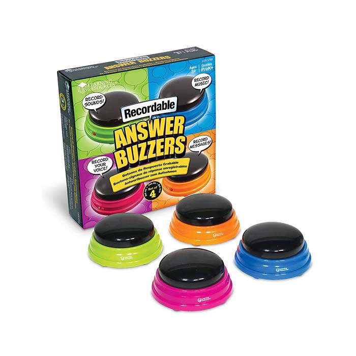 Learning Resources Recordable Answer Buzzers, Personalized Sound Buzzer, Recordable Buttons, Perfect for Game Nights, Set of 4, Ages 3+