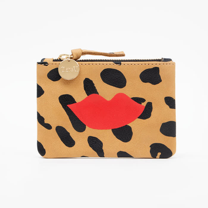 cat print brown and black wallet with red lips on it