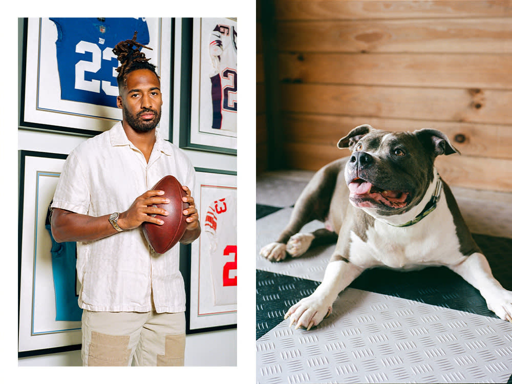 Left: Leo looks on; Right: Logan poses with a football 