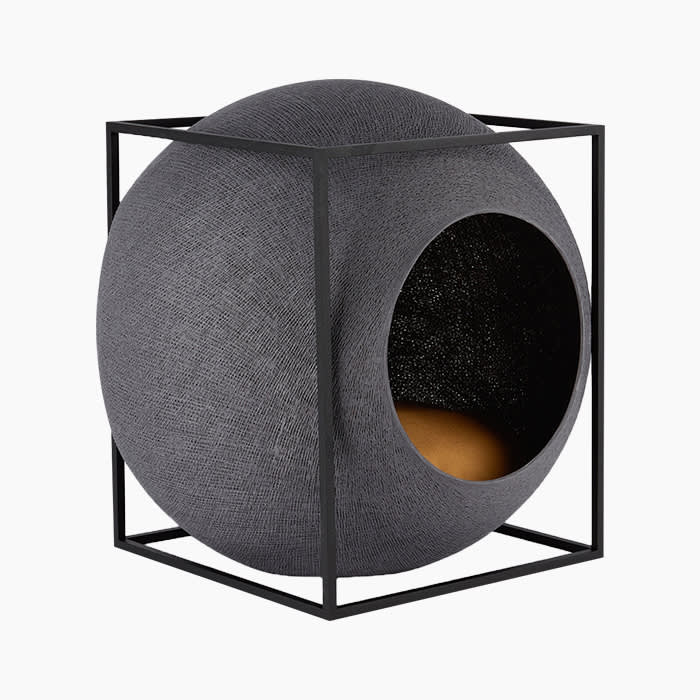 black and gray round angular cat bed