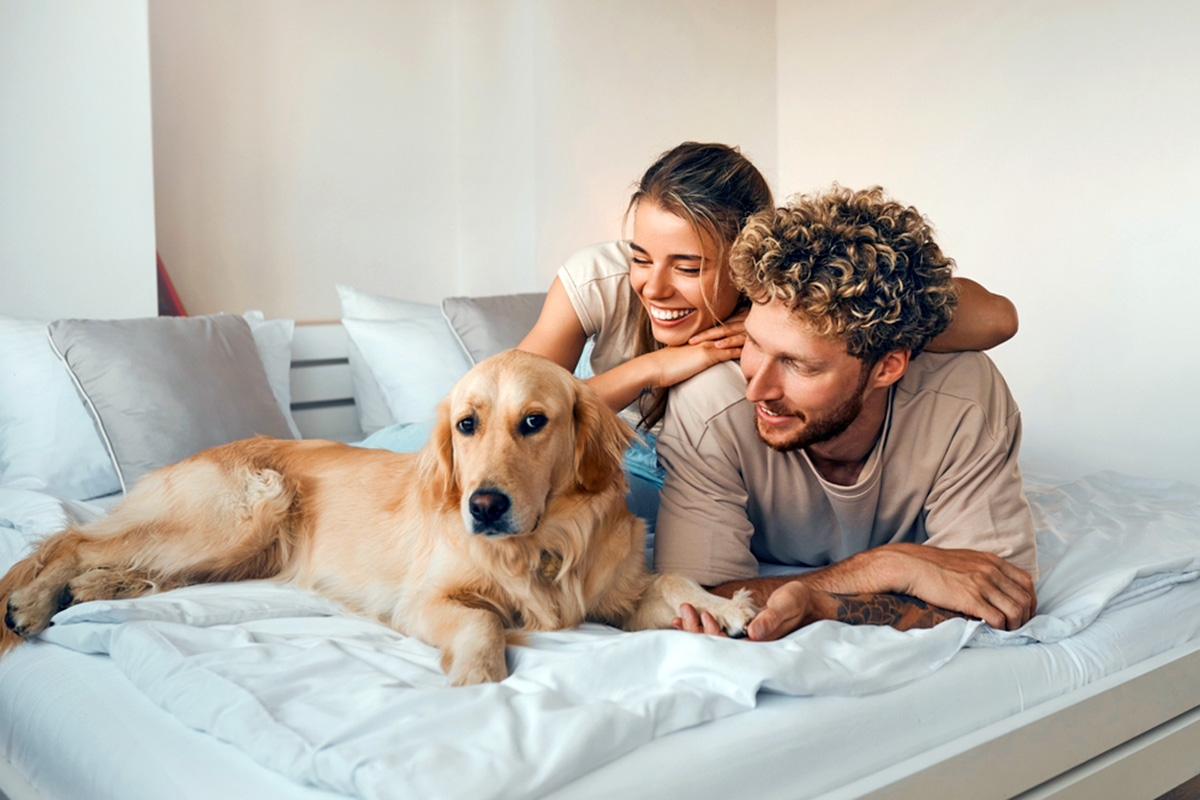 a dog on the bed with two smiling people