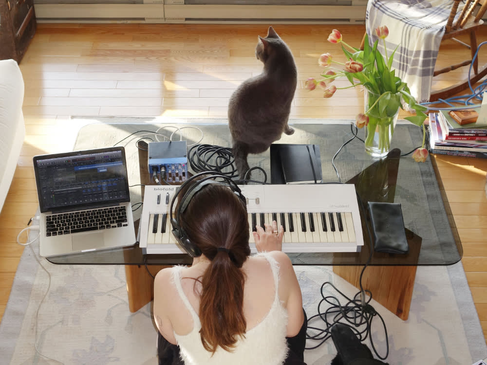 Backview of Tess Roby playing at her keyboard with her cat sitting on her desk next to a vase of flowers in the living room
