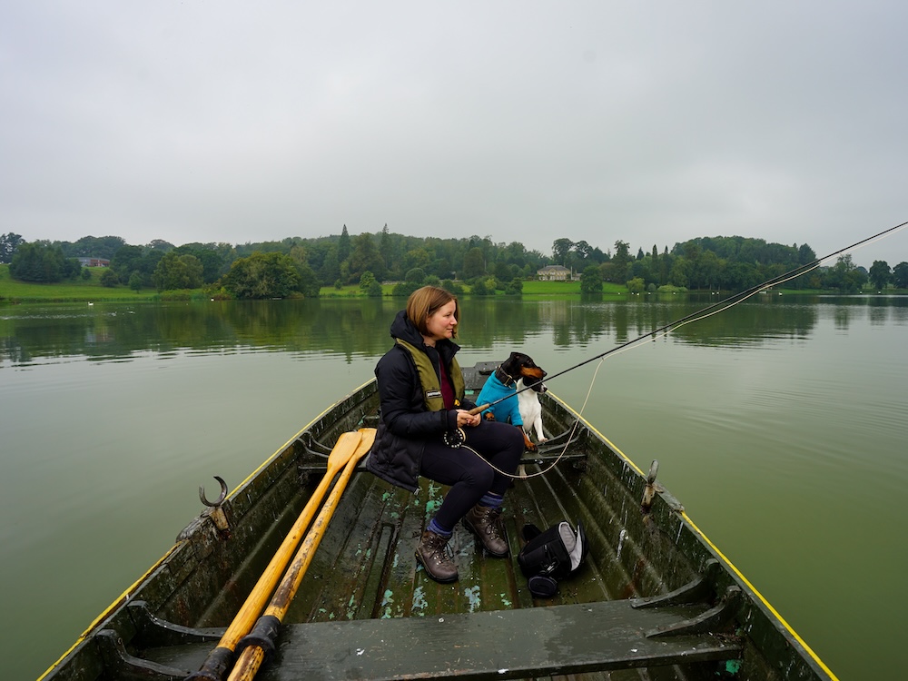 a woman sits ina row boat with two dogs and a fishing rod