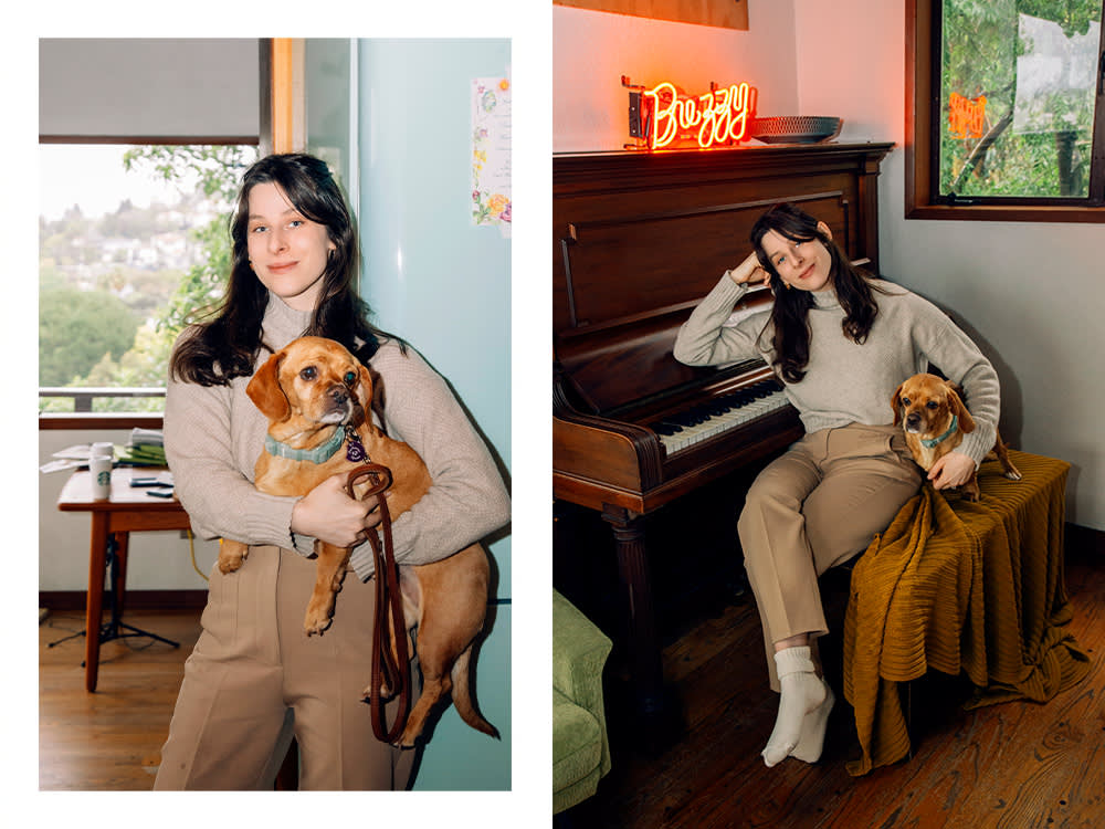 Sasha Spielberg holding her small orange dog; Sasha Spielberg at a piano with her dog