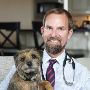 the veterinarian with a brown dog