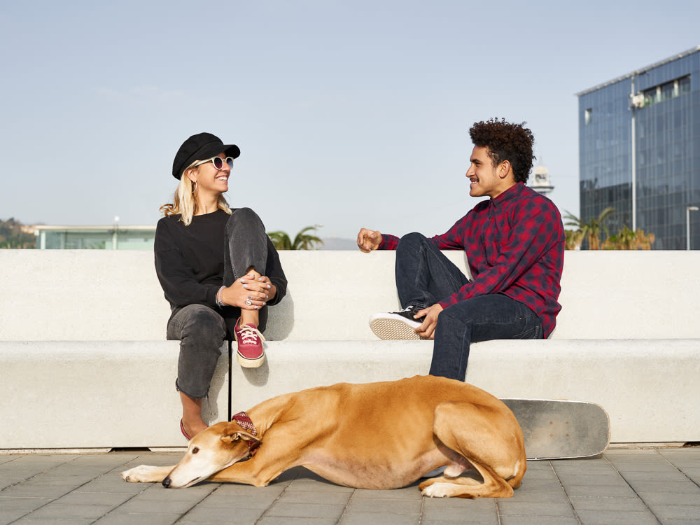 Romantic Couple With A Dog On Bench