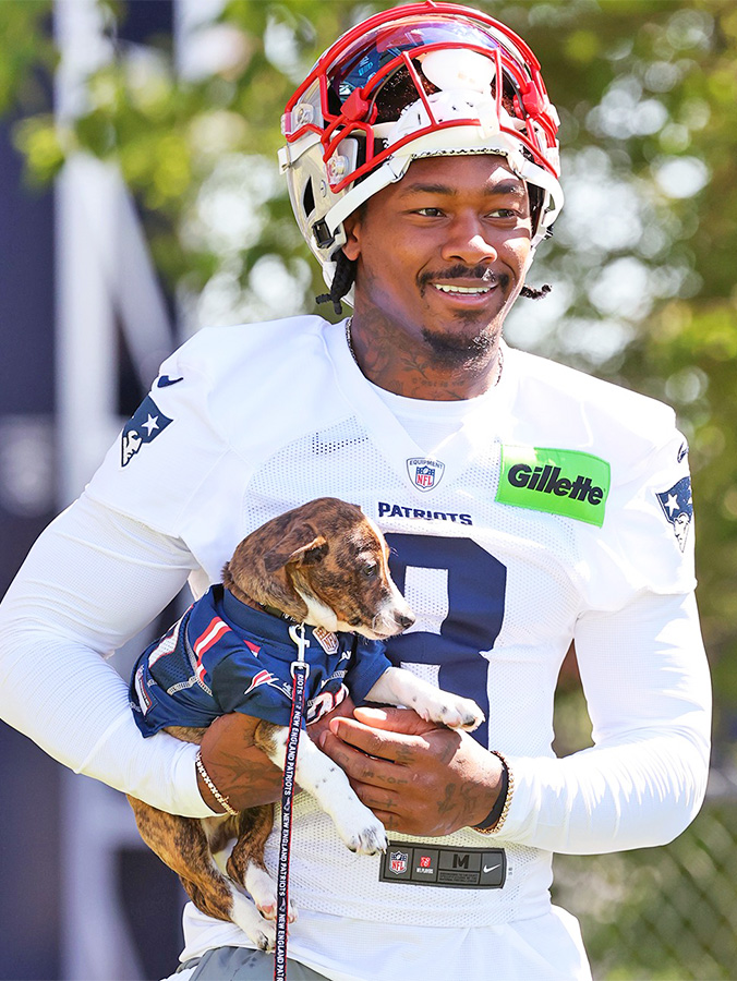 New England Patriots long snapper Julian Ashby (47) and place kicker Andres Borregales (36) delivers a puppy to a local family as part of the Patriots pet adoption event before training camp at Gillette Stadium.