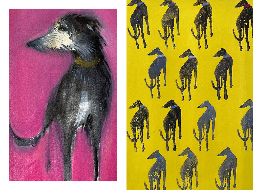 a black and white dog on a pink background; black dogs on a yellow background