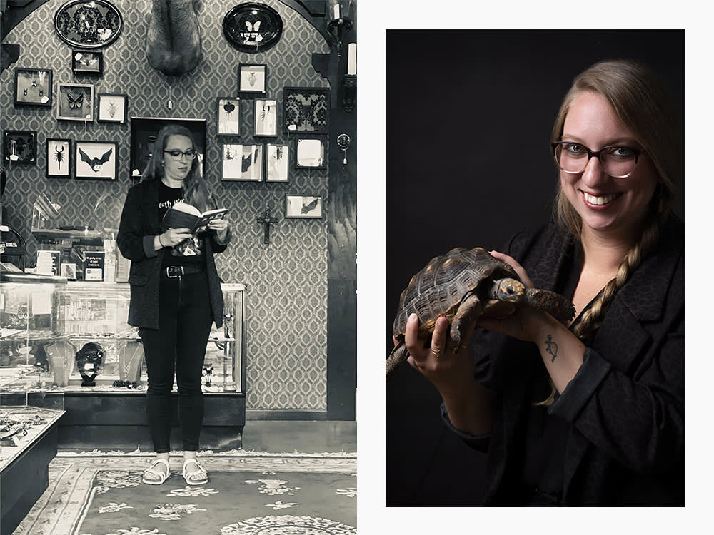 E.B. Bartels at a reading; E.B. Bartels with her tortoise 