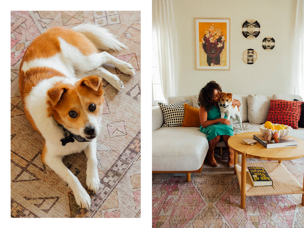 Dayna Isom Johnson's small white and orange dog on a rug; Dayna Isom Johnson and her dog on a couch