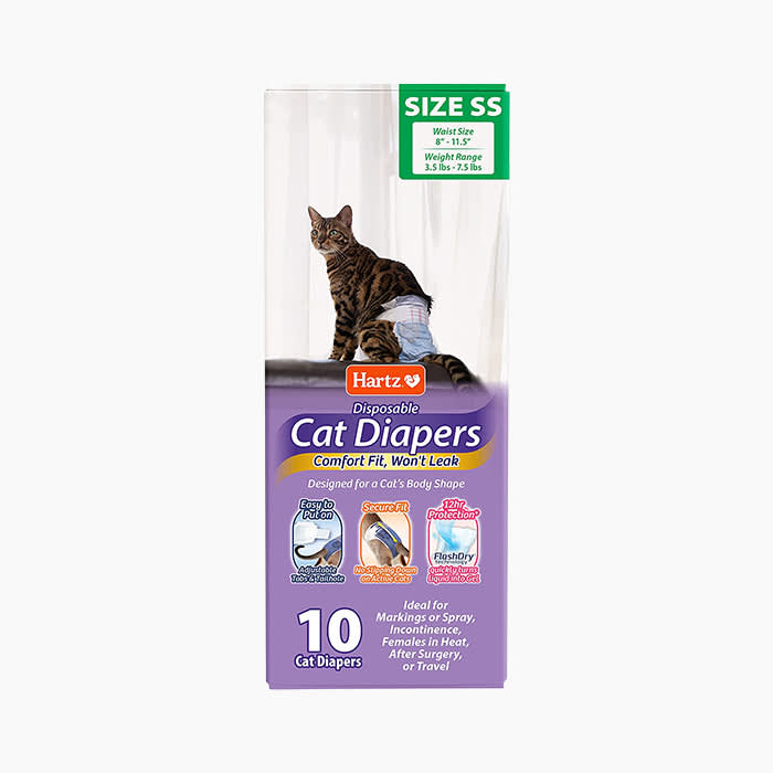 cat diapers in purple and white packaging