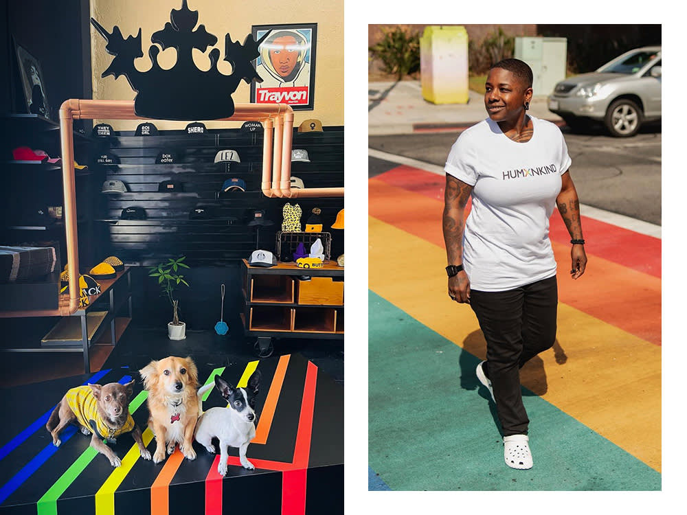 Stoney Michelli Love's 3 dogs; Michelli Love on a rainbow painted street