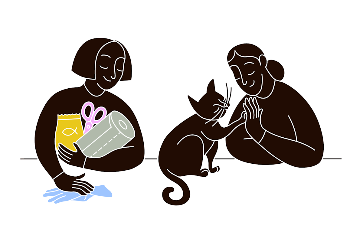 pet parents gather materials needed for anal gland expression: paper towels, scissors, etc.