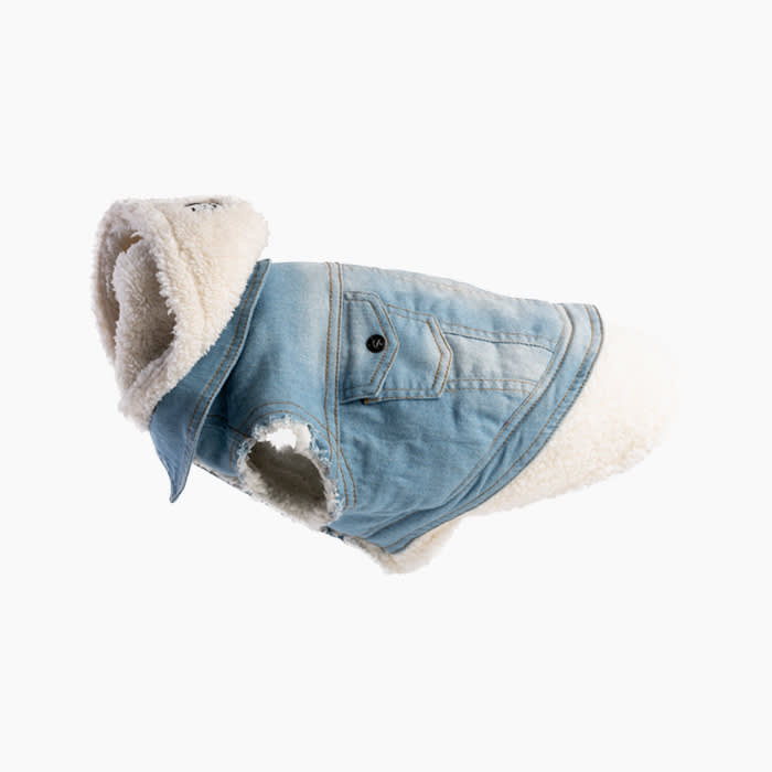 denim jacket with a shearling hood
