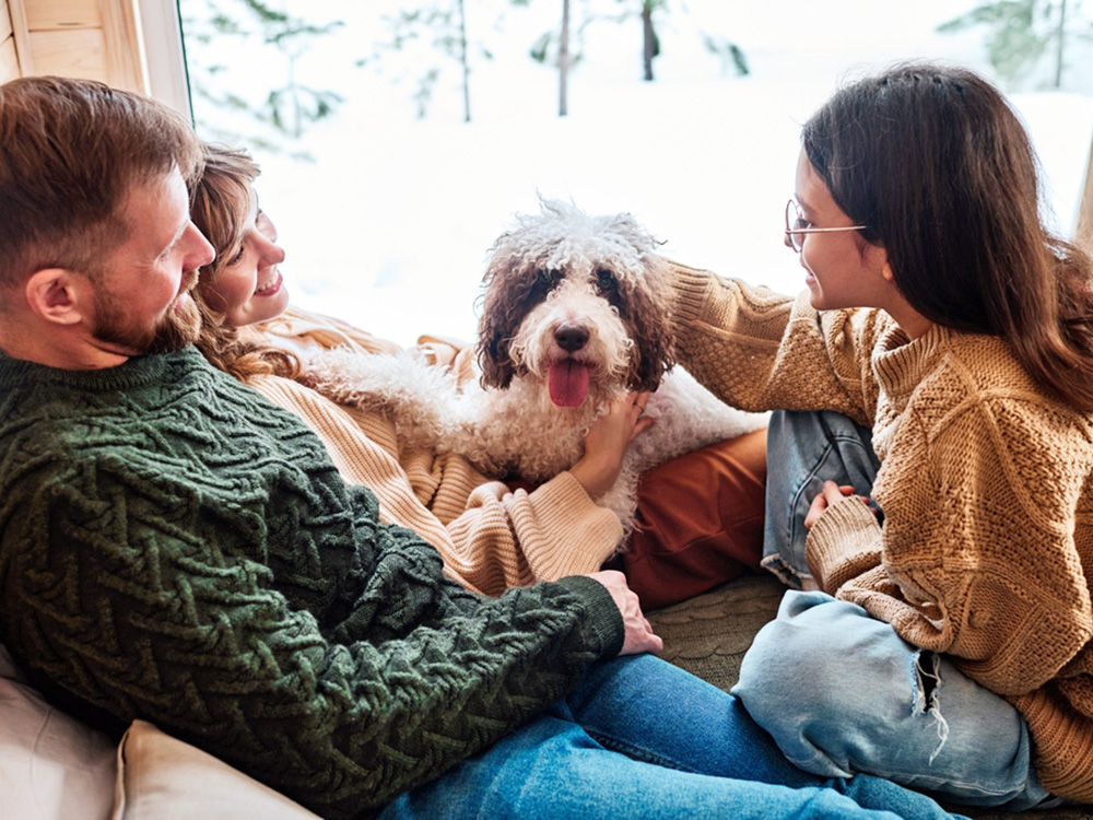 Group sitting around a dog at home.
