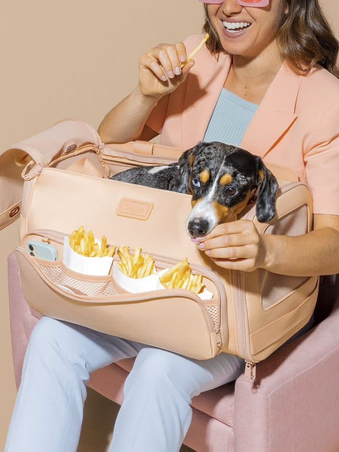 A woman with a pink dog carrier on her lap feeding a dog a French fry. 
