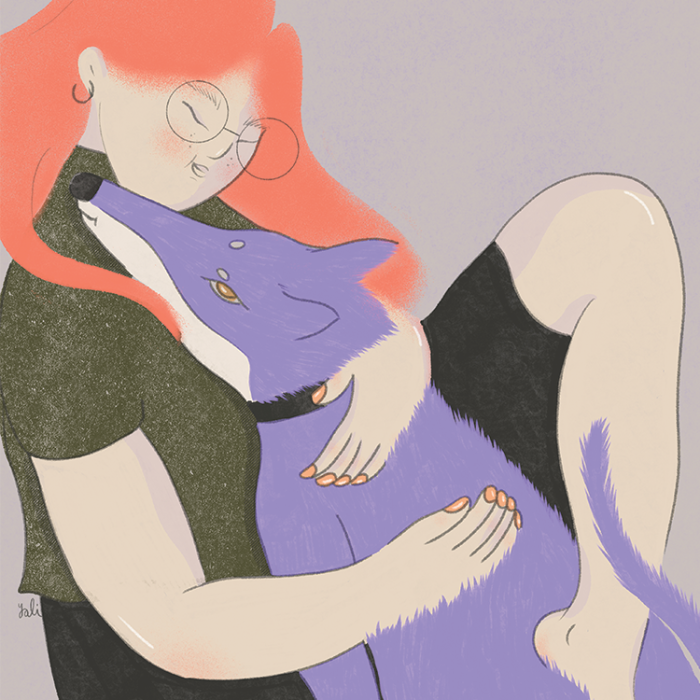 Illustration of a woman hugging a dog