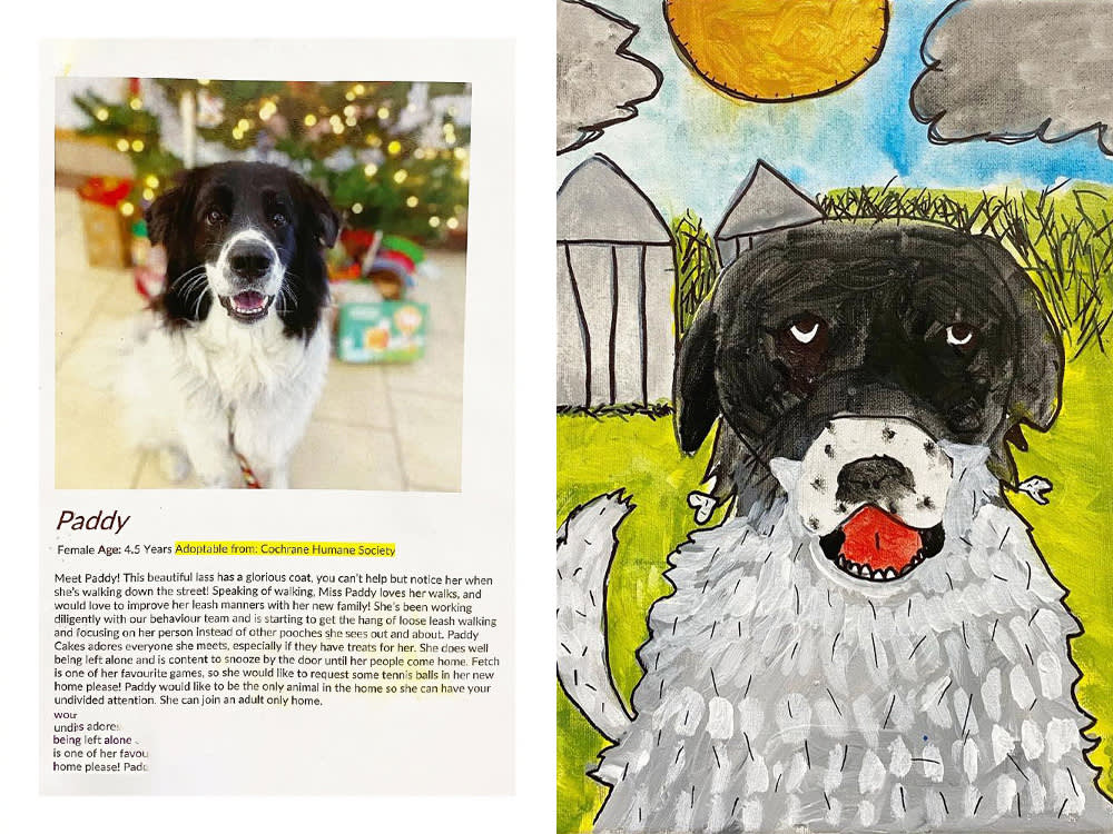 A black and white shelter dog beside a painting of himself