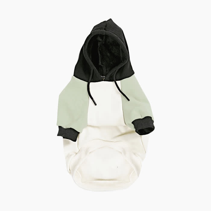 the dog hoodie in white black and green