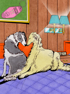 An illustration of 2 dogs on a bed 