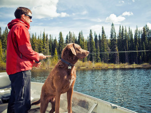 Man fishing with his dog on a lake.