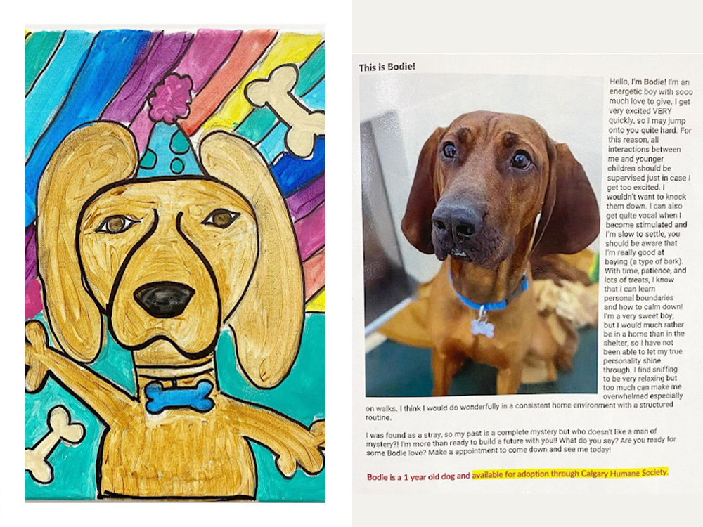 a painting of rescue dog Bodie alongside a post about him with a picture