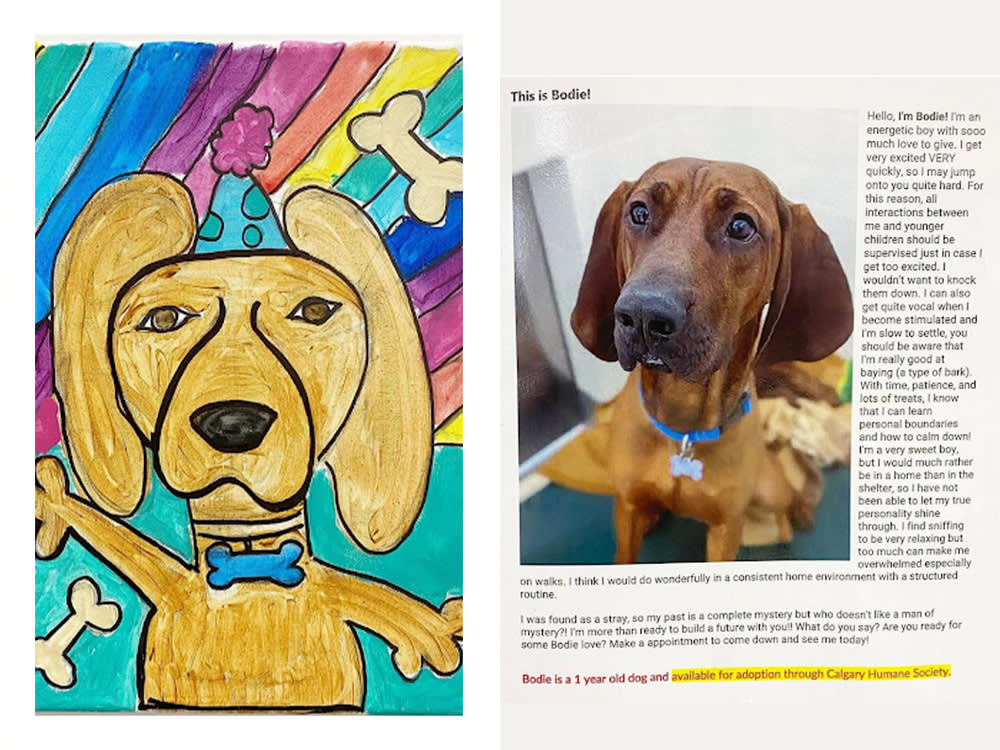 a painting of rescue dog Bodie alongside a post about him with a picture