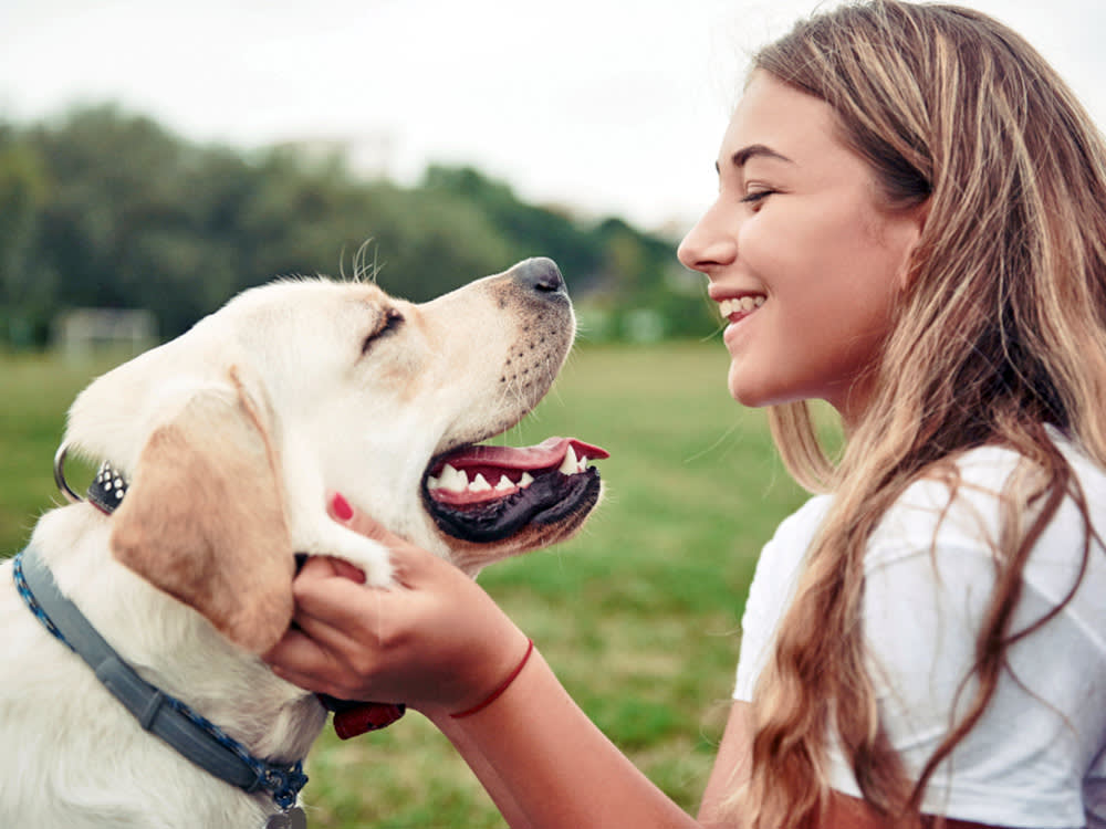 Woman smiling at her Lab dog outside in the grass.