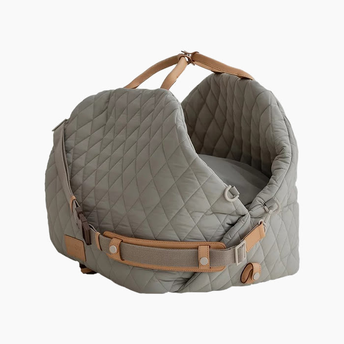 the dog carrier in gray
