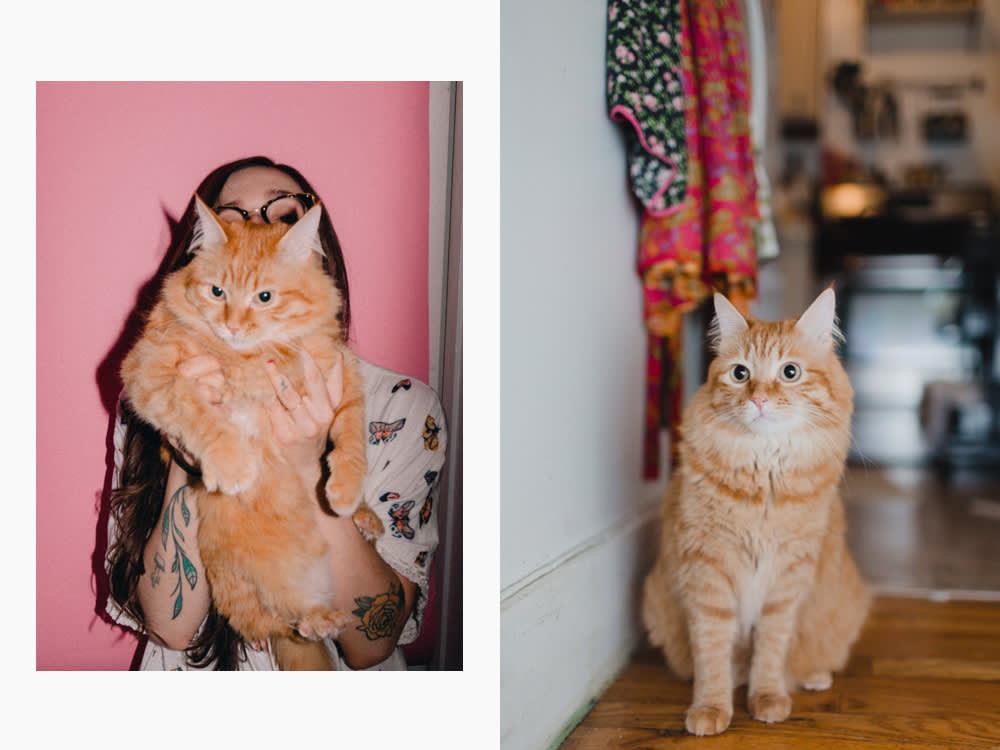 Bridget Badore and her fluffy orange cat, Queso