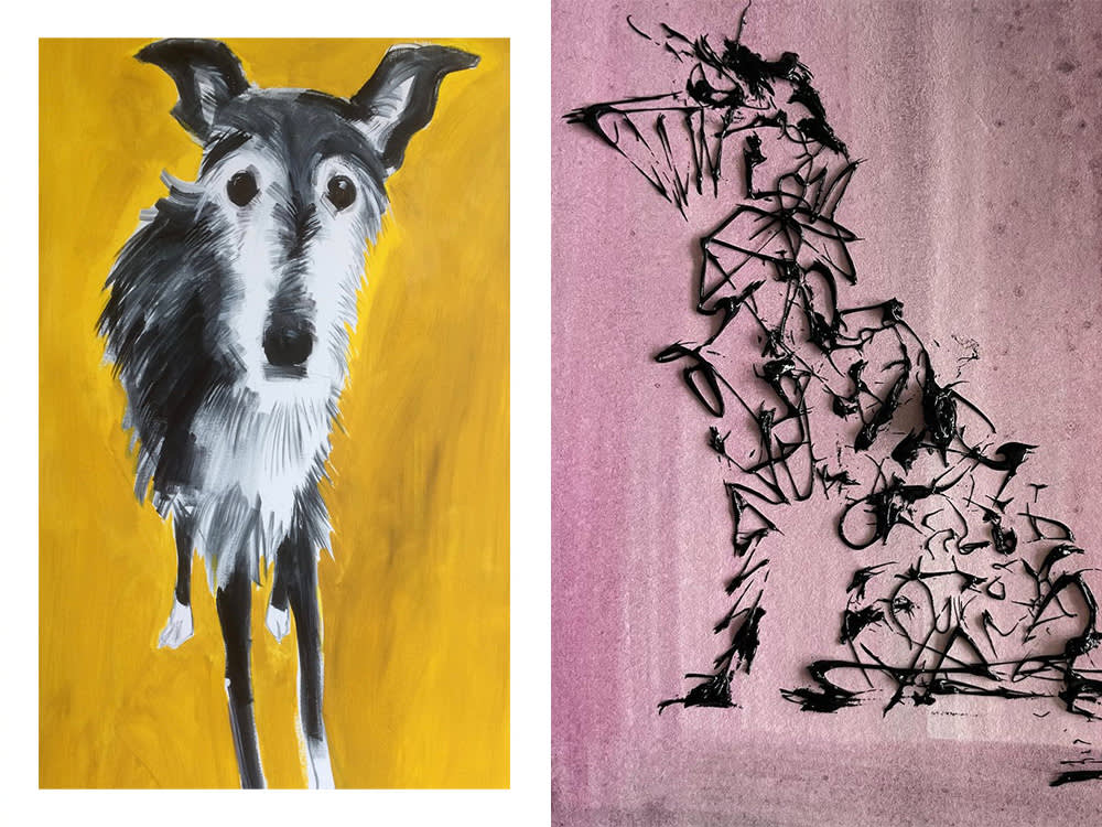 painting of a black and white dog on a yellow background; a black dog on a pink background