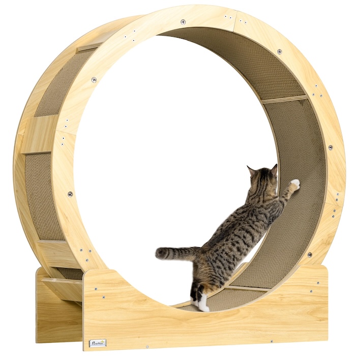 a wooden cat wheel with a tabby cat in