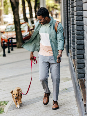 Man walking his dog on a pavement