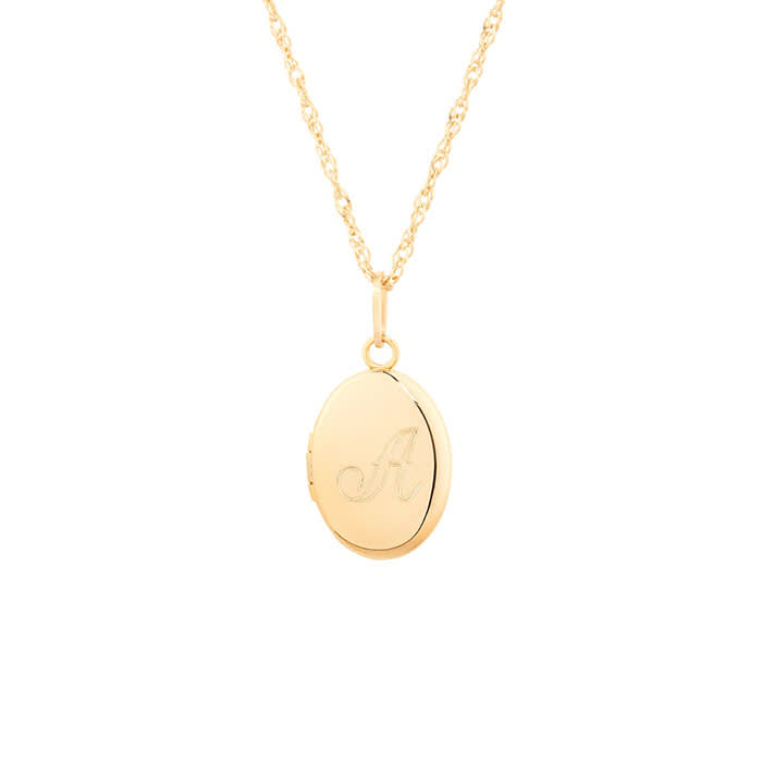 yellow gold locket with cursive "A" embroidery